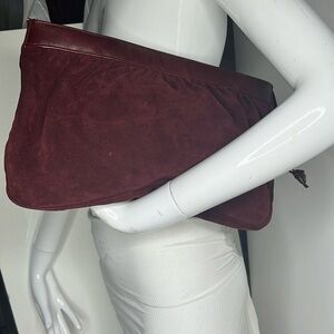 Vintage Real Suede Leather Dark Red Zip Large Clutch Wristlet Bag